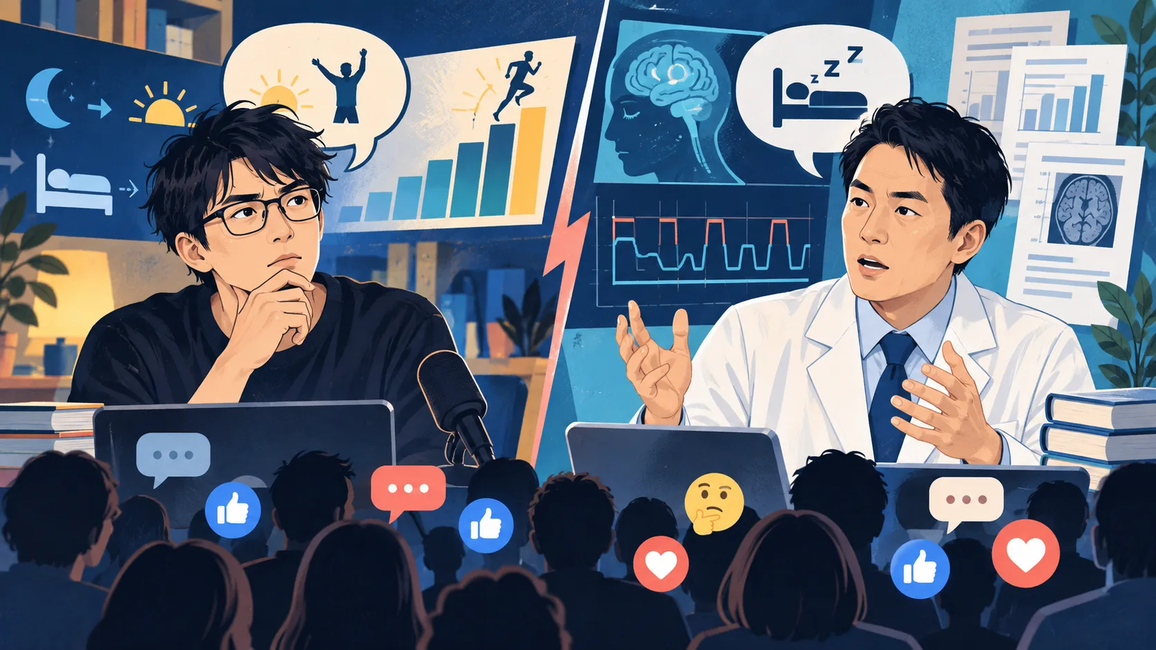 ショートスリープの主張と医学的な疑問をめぐる対談を描いたオリジナルイラスト