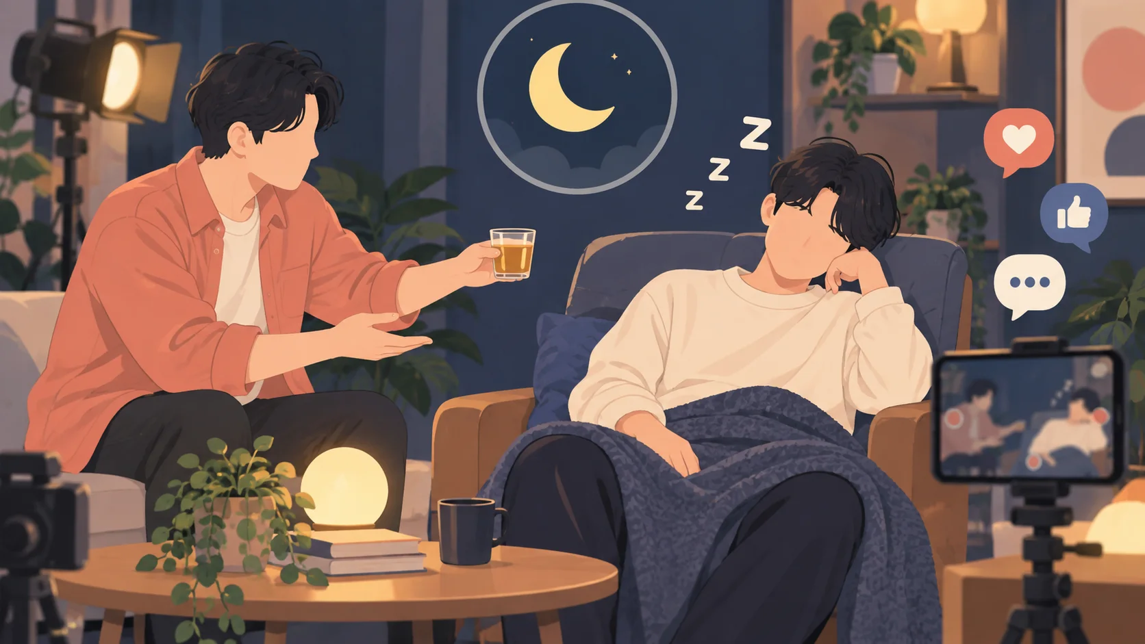 コラボ相手が短時間睡眠の人物を寝かせようとする動画企画のオリジナルイラスト