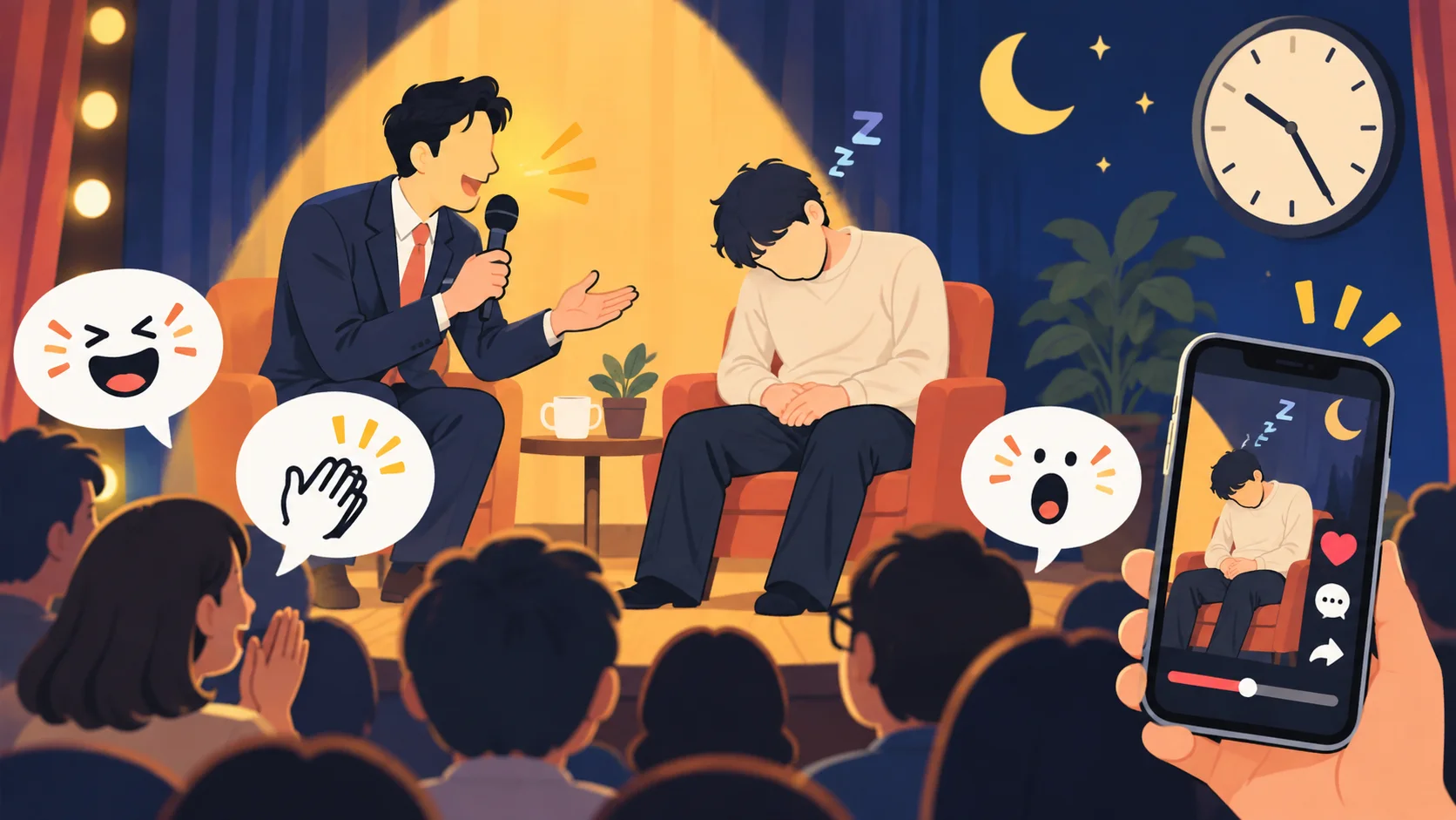 ショートスリーパーを題材にしたコントとSNS反応を表すオリジナルイラスト