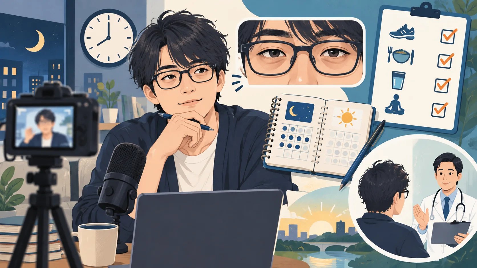 堀大輔さんをイメージした人物と配信画面、睡眠記録、健康相談を示すイラスト