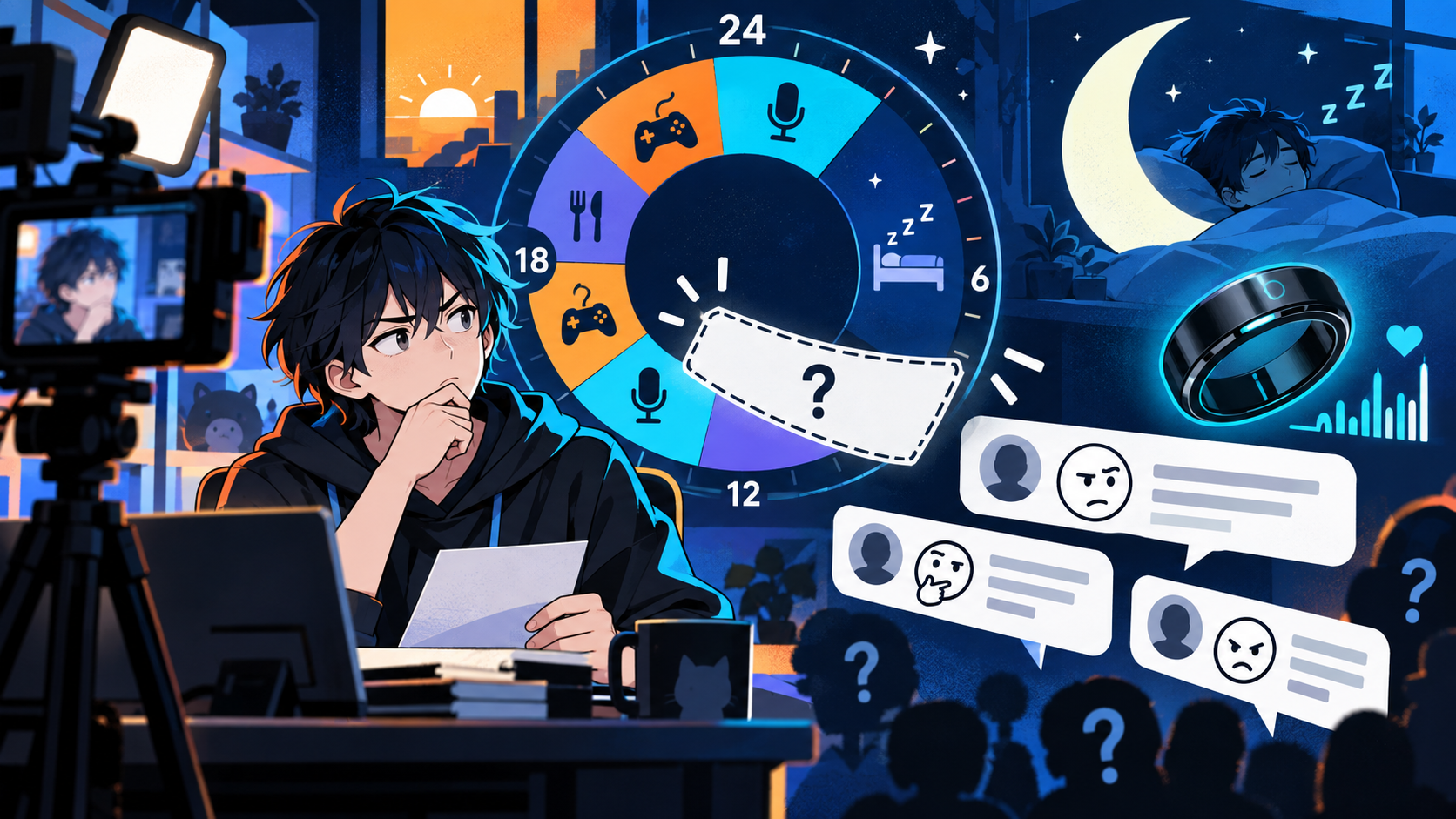 24時間ライブ配信の空白時間と寝てる説を整理するオリジナルイラスト
