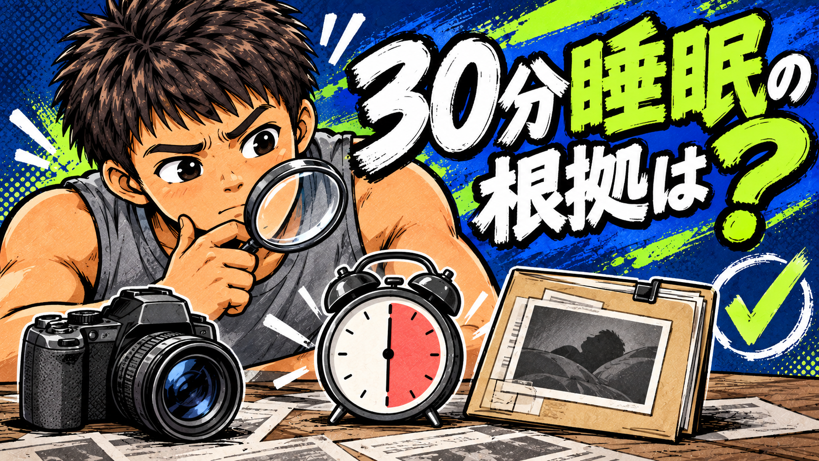 30分睡眠の主張を動画、測定記録、研究資料に分けて確認するオリジナルイラスト