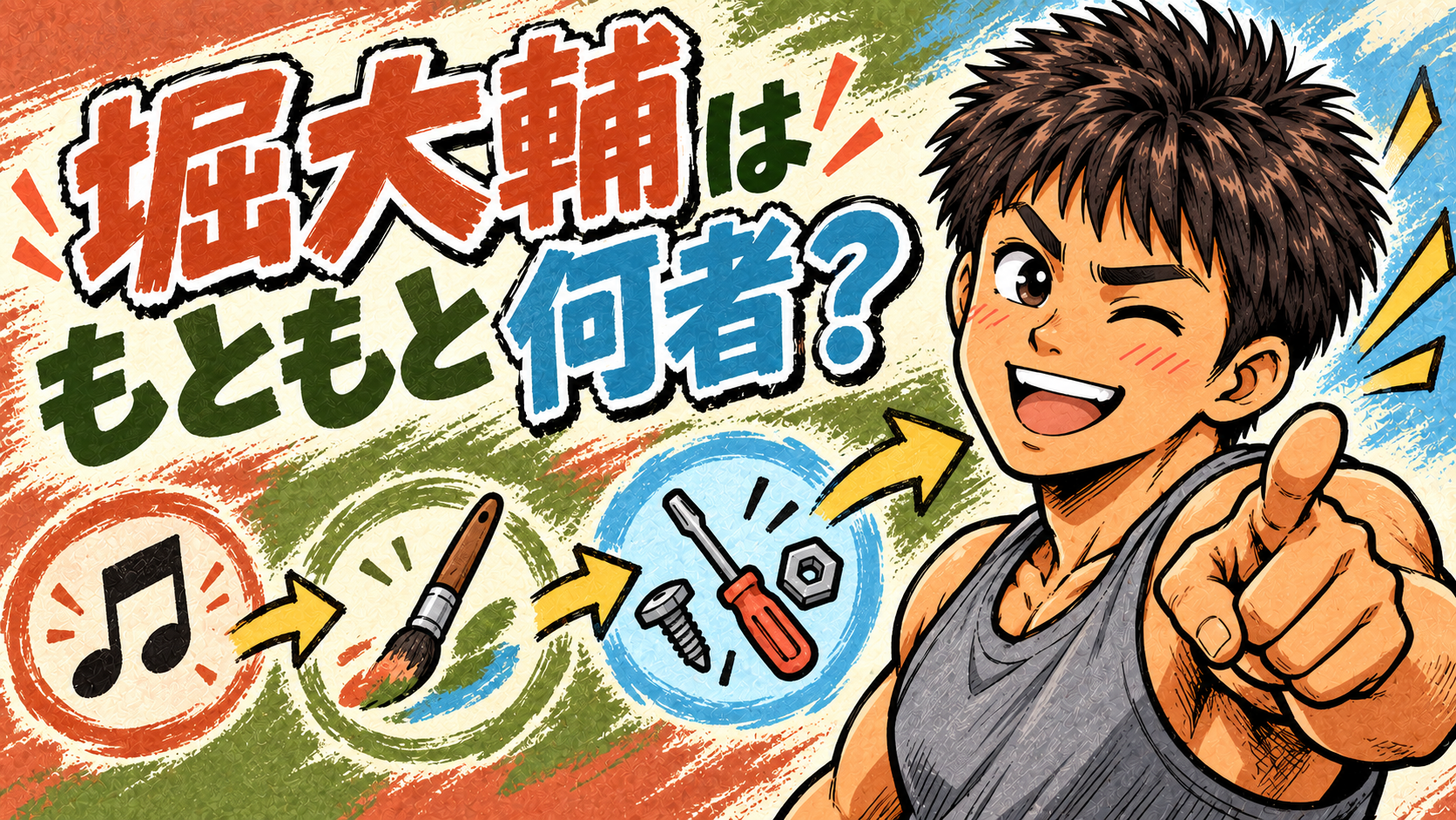 堀大輔さんの音楽や画家、ギター製作、設計から現在までの経歴を示すオリジナルイラスト
