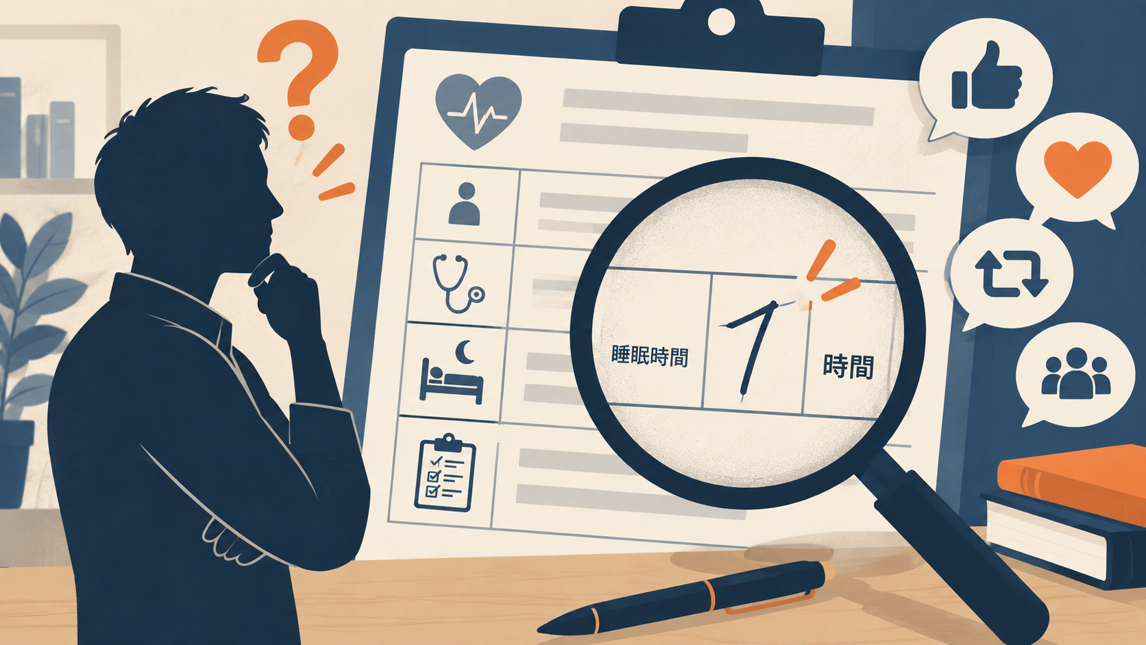 健康診断の睡眠時間欄を1と7の見間違いに注意して確認するオリジナルイラスト