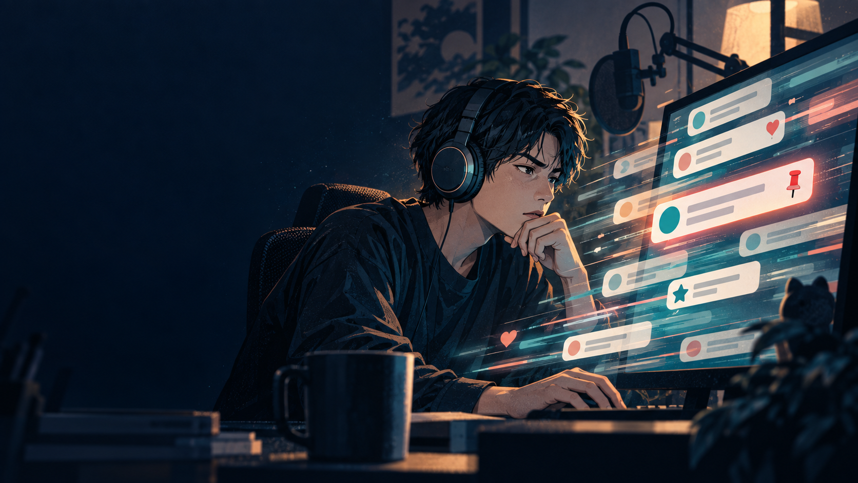速く流れるライブチャットと固定コメントを見比べるオリジナルイラスト