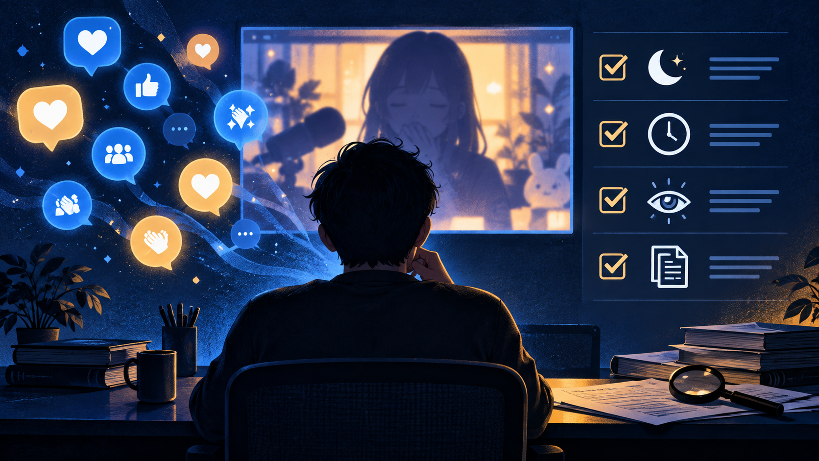 長時間ライブを見た視聴者が眠そうという印象と確認できる情報を分けて整理するオリジナルイラスト
