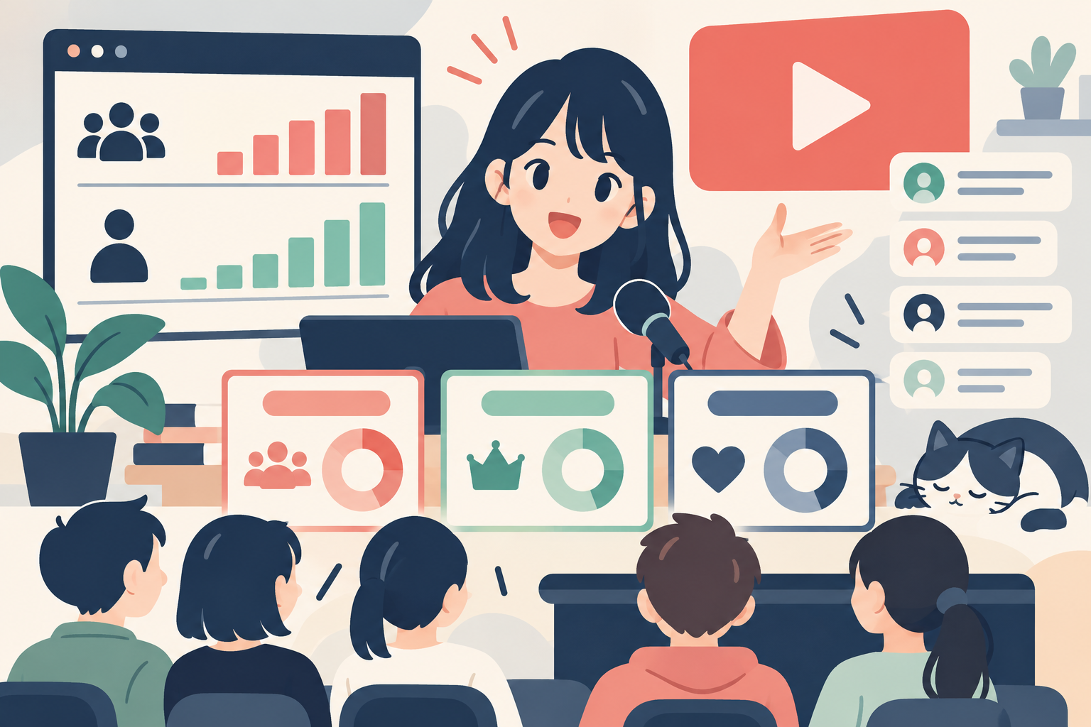 卒業生、SNSフォロワー、動画視聴者、現会員の数字を区別するオリジナルイラスト