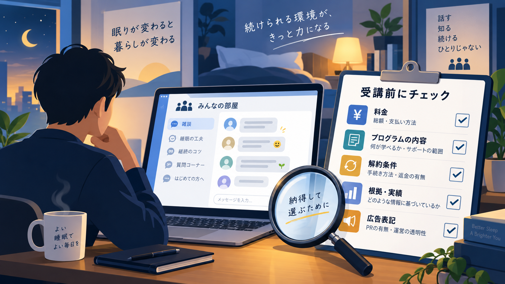 睡眠改善プログラムのSNS口コミと公式の契約条件を照合するオリジナルイラスト