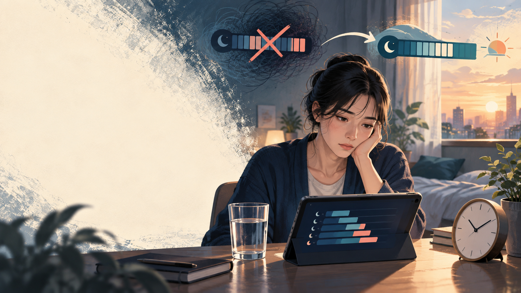 短時間睡眠を試した後の体調と睡眠記録を見直すオリジナルイラスト