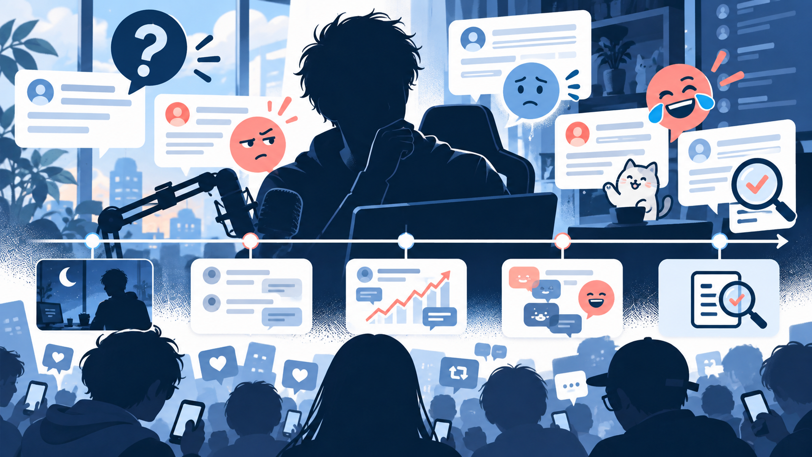 堀大輔をめぐるSNS反応を時系列と論点別に整理するオリジナルイラスト