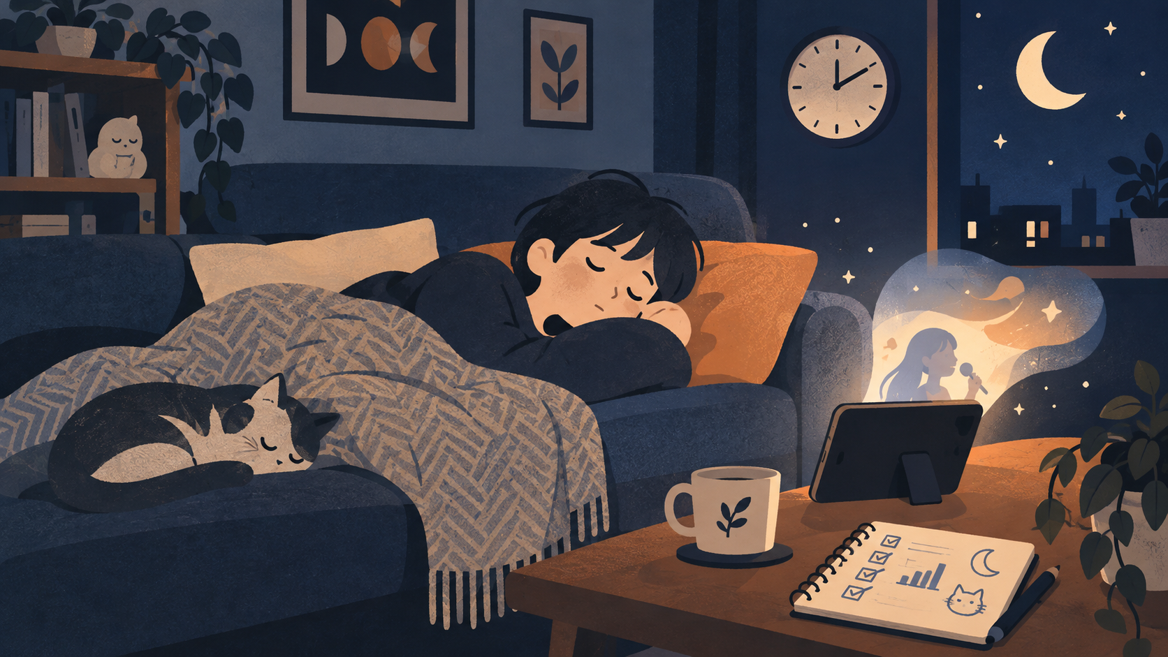長時間ライブを見ながら眠る視聴者とSNS反応を示すオリジナルイラスト