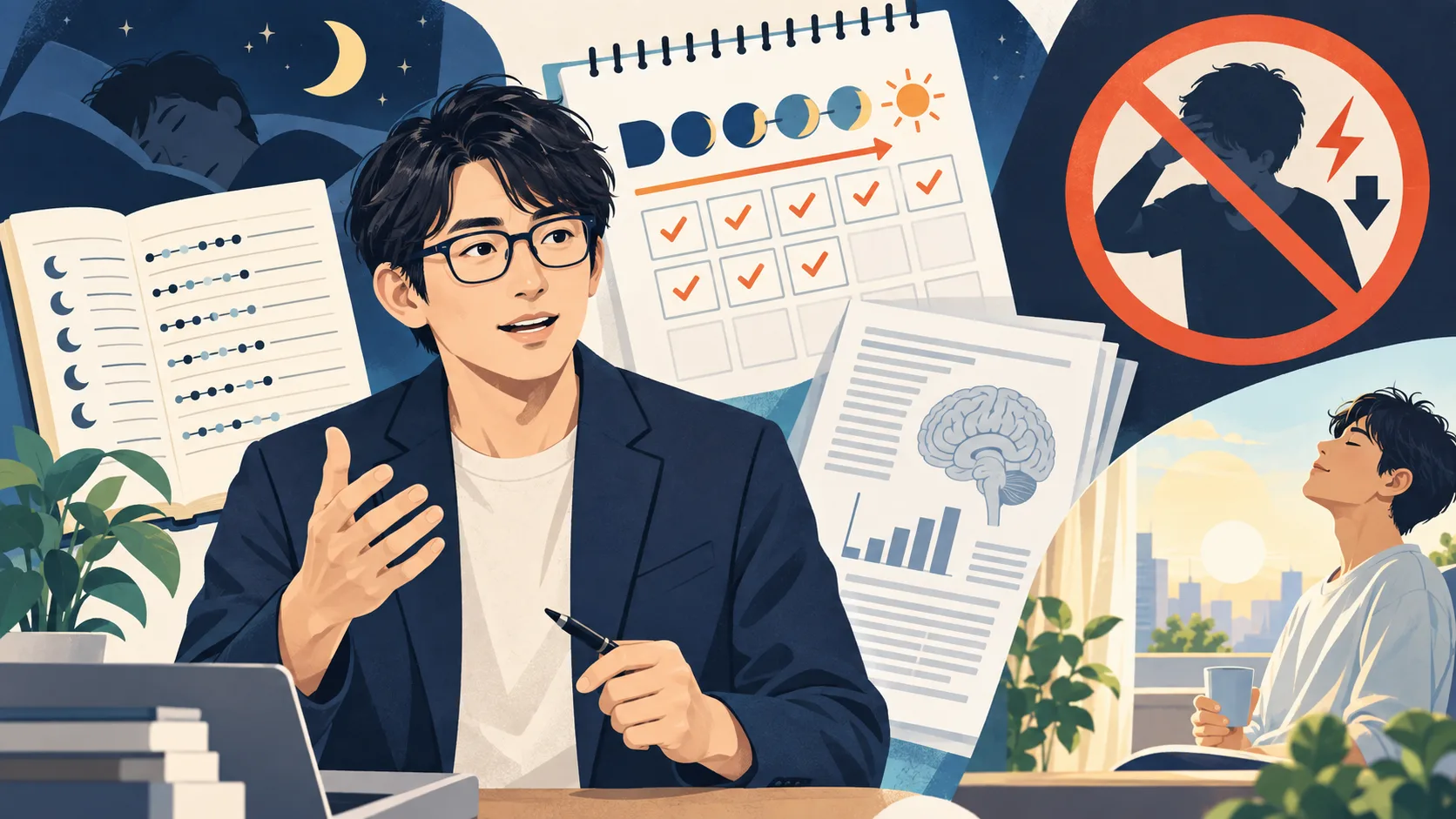 ショートスリーパーを目指す人が睡眠記録と研究資料を確認するイラスト