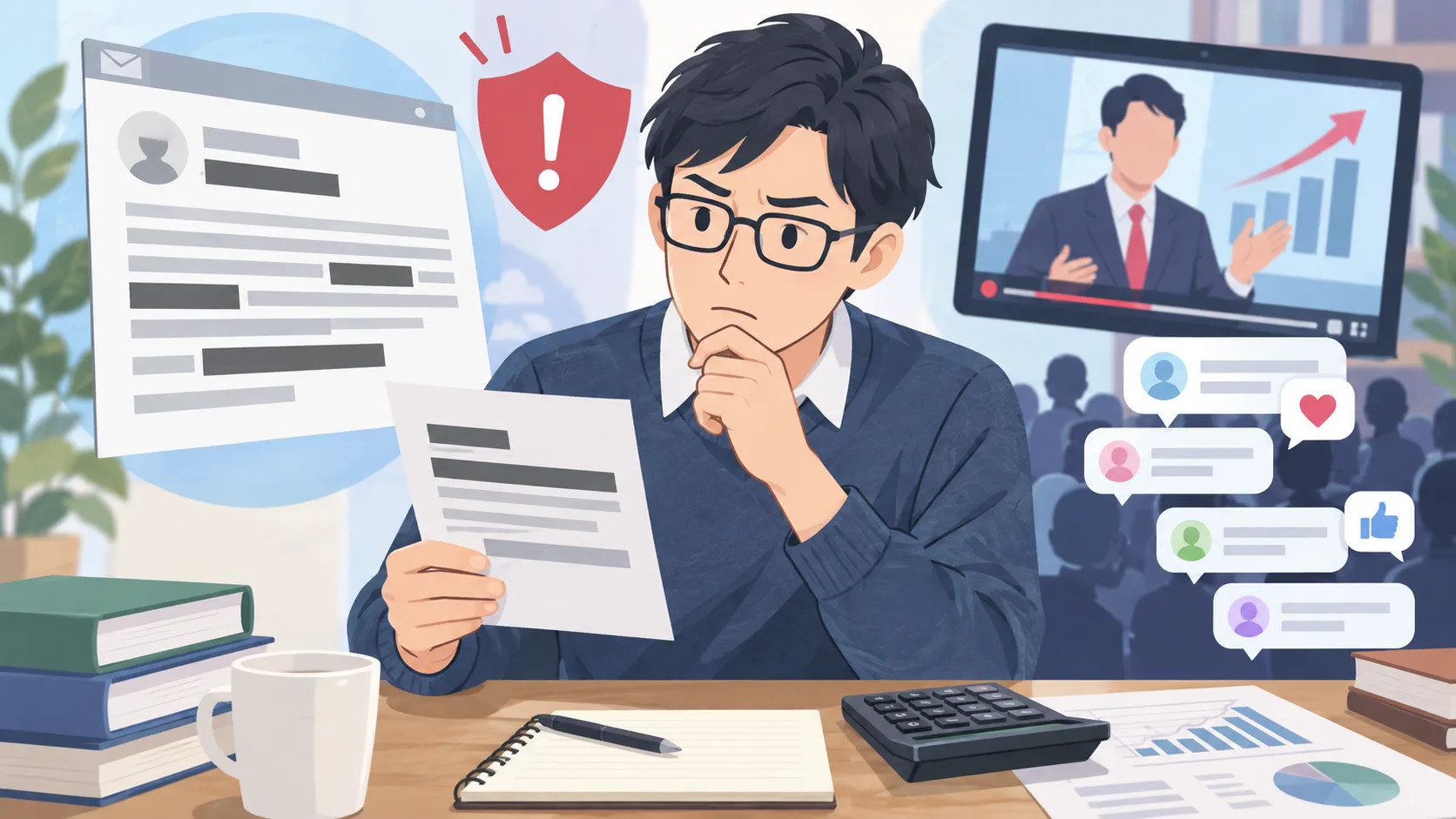 投資勧誘疑惑をめぐるメール画像と配信中の質問を確認するオリジナルイラスト