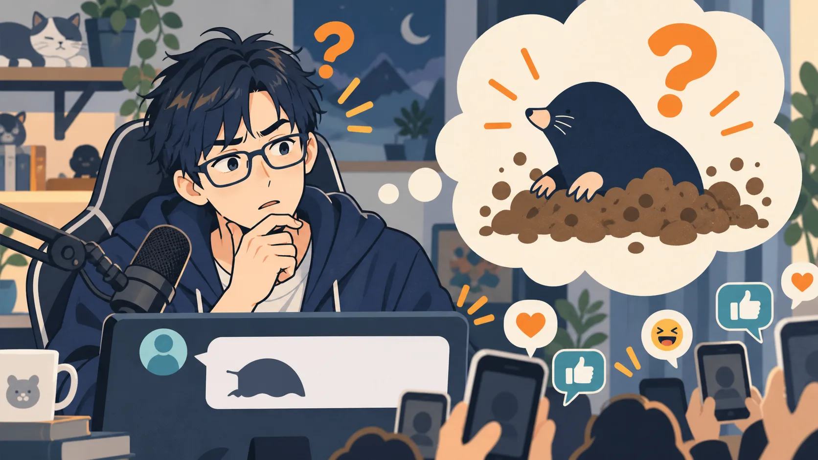 堀大輔さんをイメージした配信者と架空の動物クイヤ、SNS反応を示すイラスト