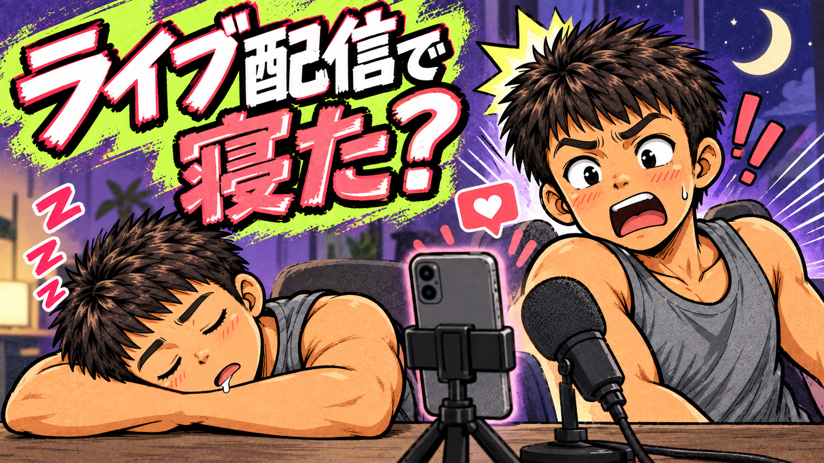 堀大輔さんをイメージした長時間生配信と施術中の眠気、SNS反応のイラスト