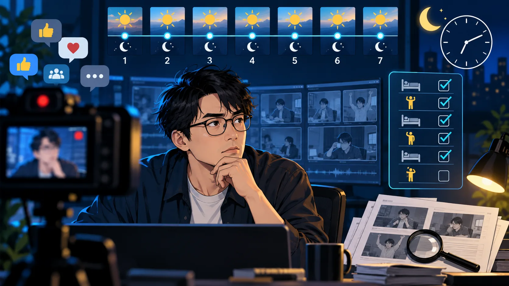 長時間生配信の映像と7日間の記録、睡眠検証のチェック項目を描いたオリジナルイラスト