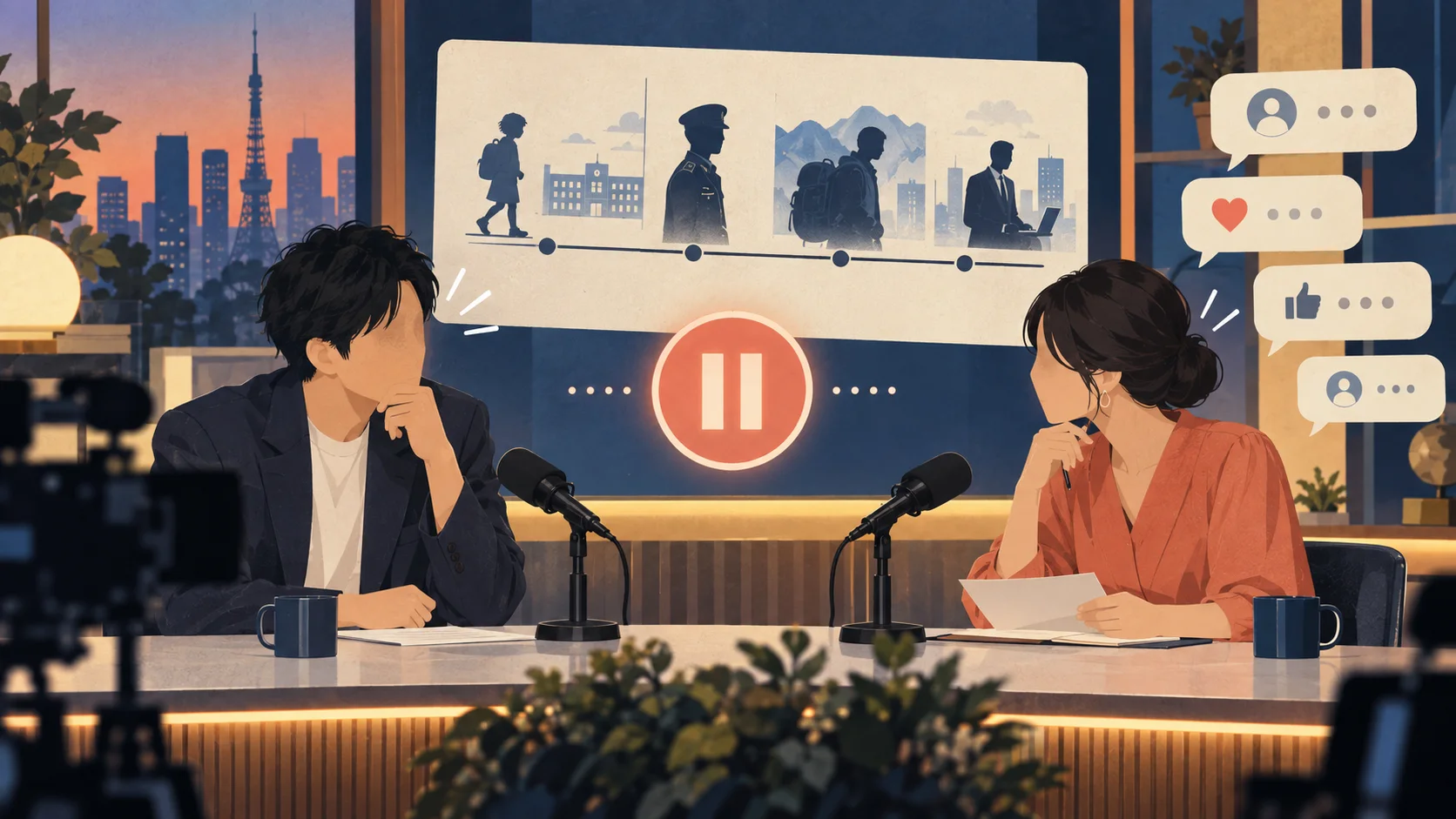 人生インタビューで話題になった質問とSNS反応を表すオリジナルイラスト