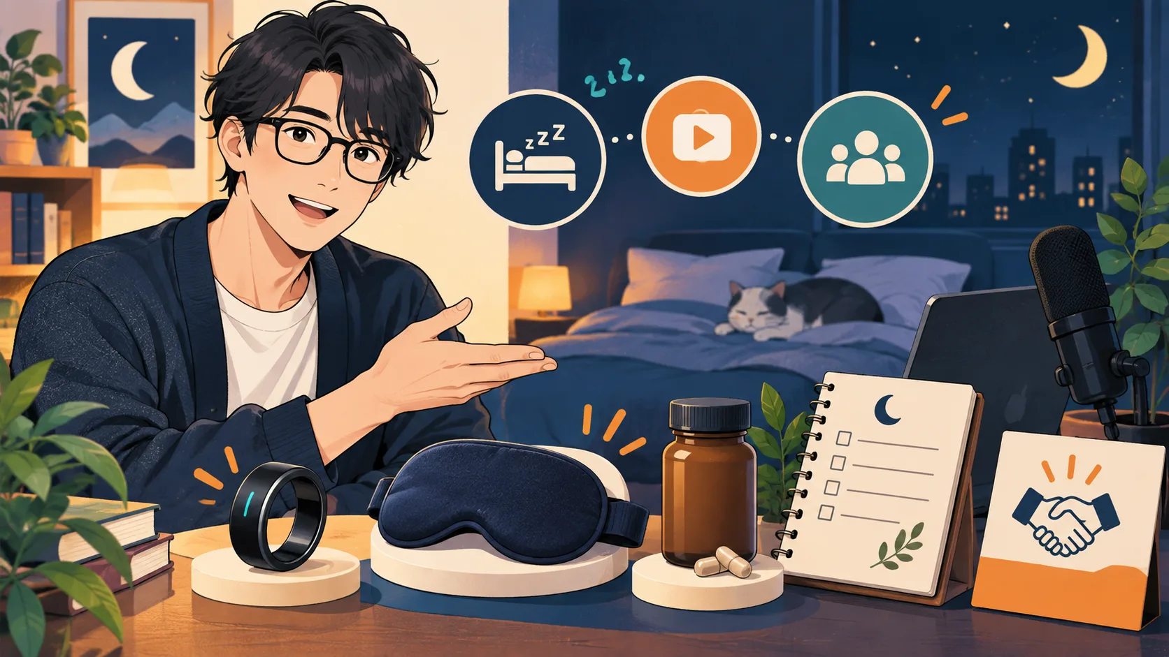 堀大輔さんをイメージした人物とスマートリング、アイマスク、サプリ、広告開示を示すイラスト