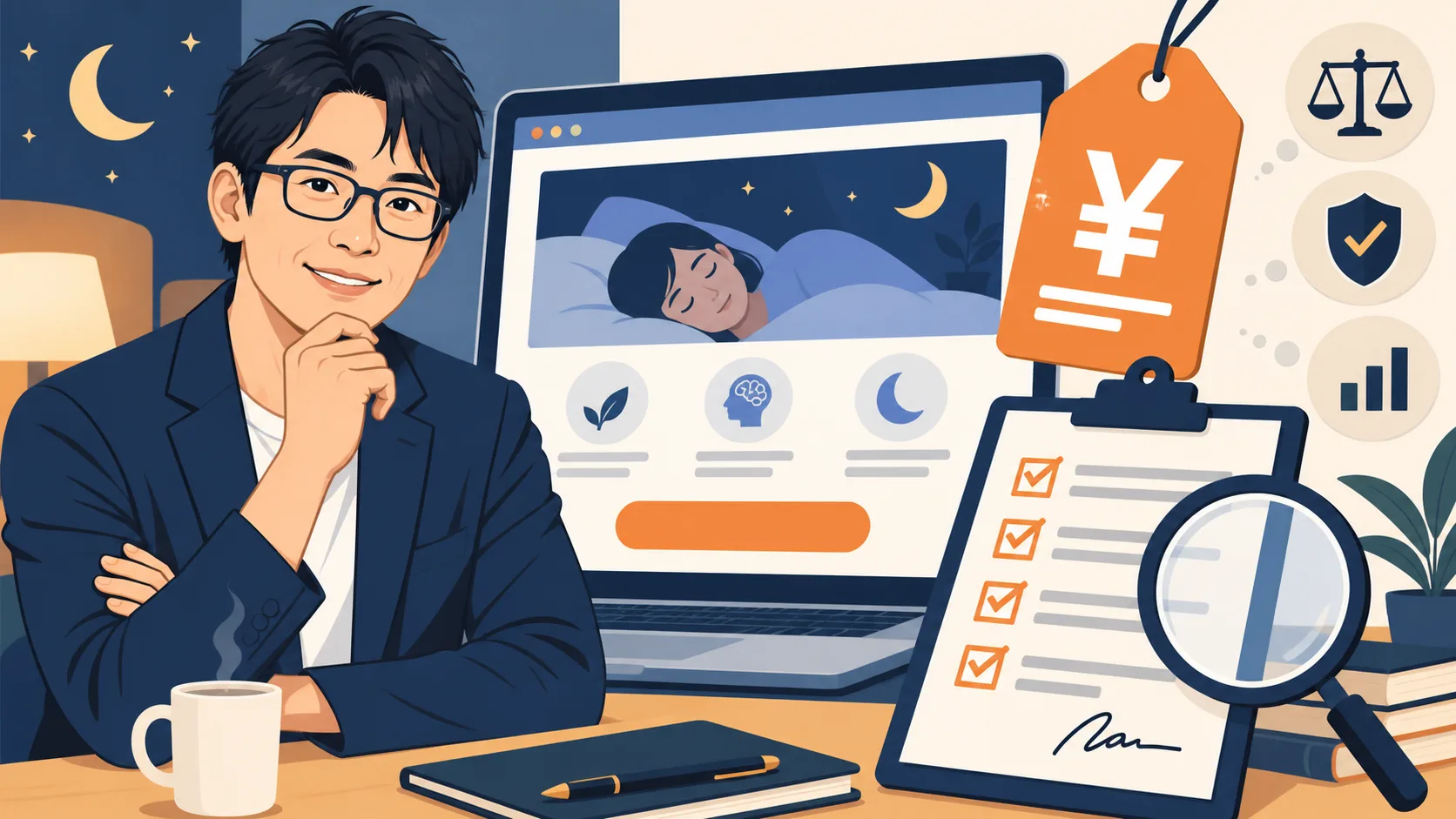 堀大輔さんをイメージした人物と睡眠講座の料金、契約条件を確認するイラスト