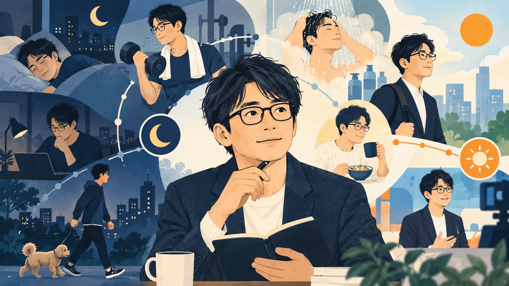 堀大輔さんをイメージした人物と24時間の生活、筋トレ、入浴を示すイラスト