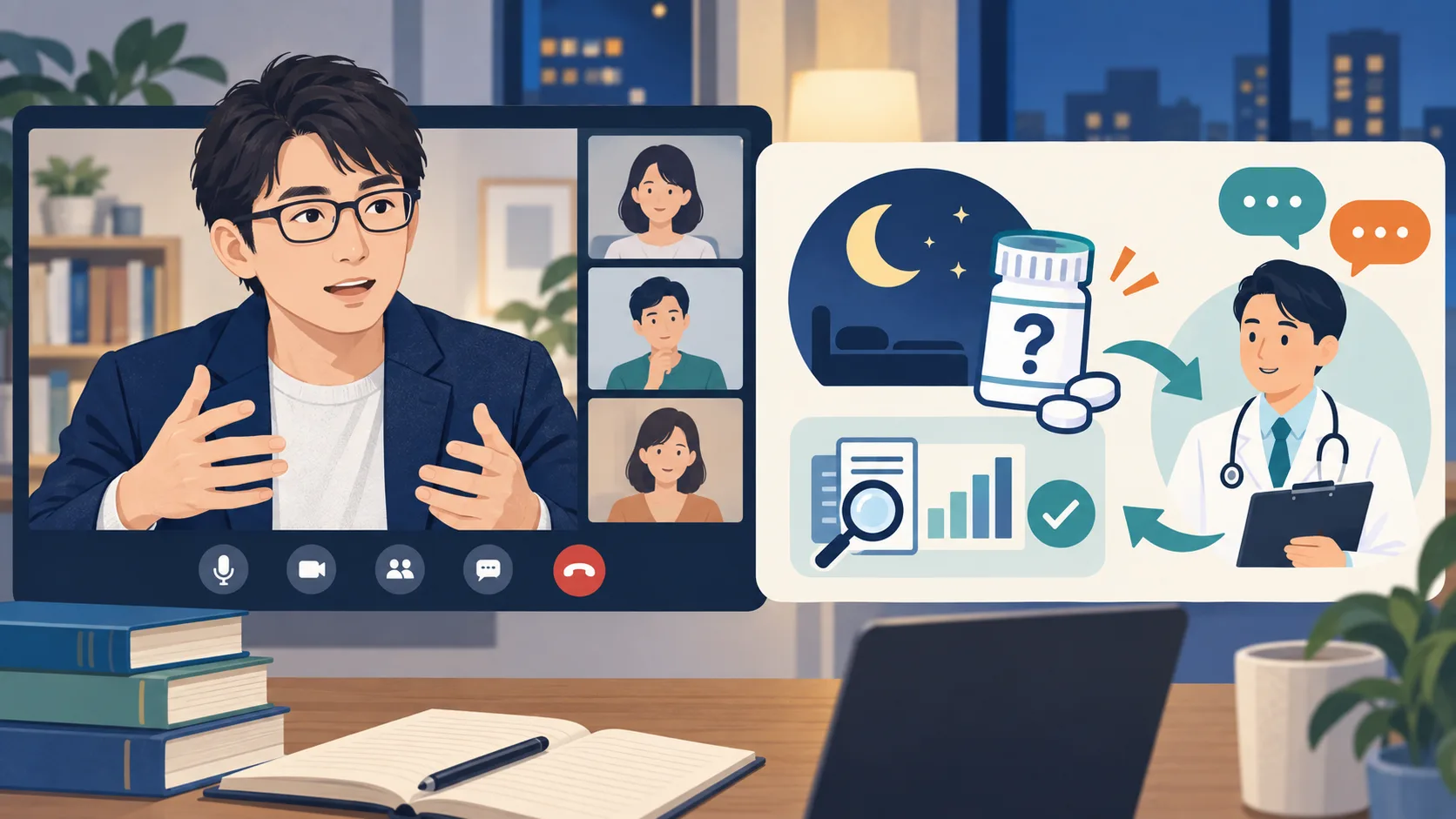 睡眠薬をめぐる発言と医療情報を確認するオリジナルイラスト