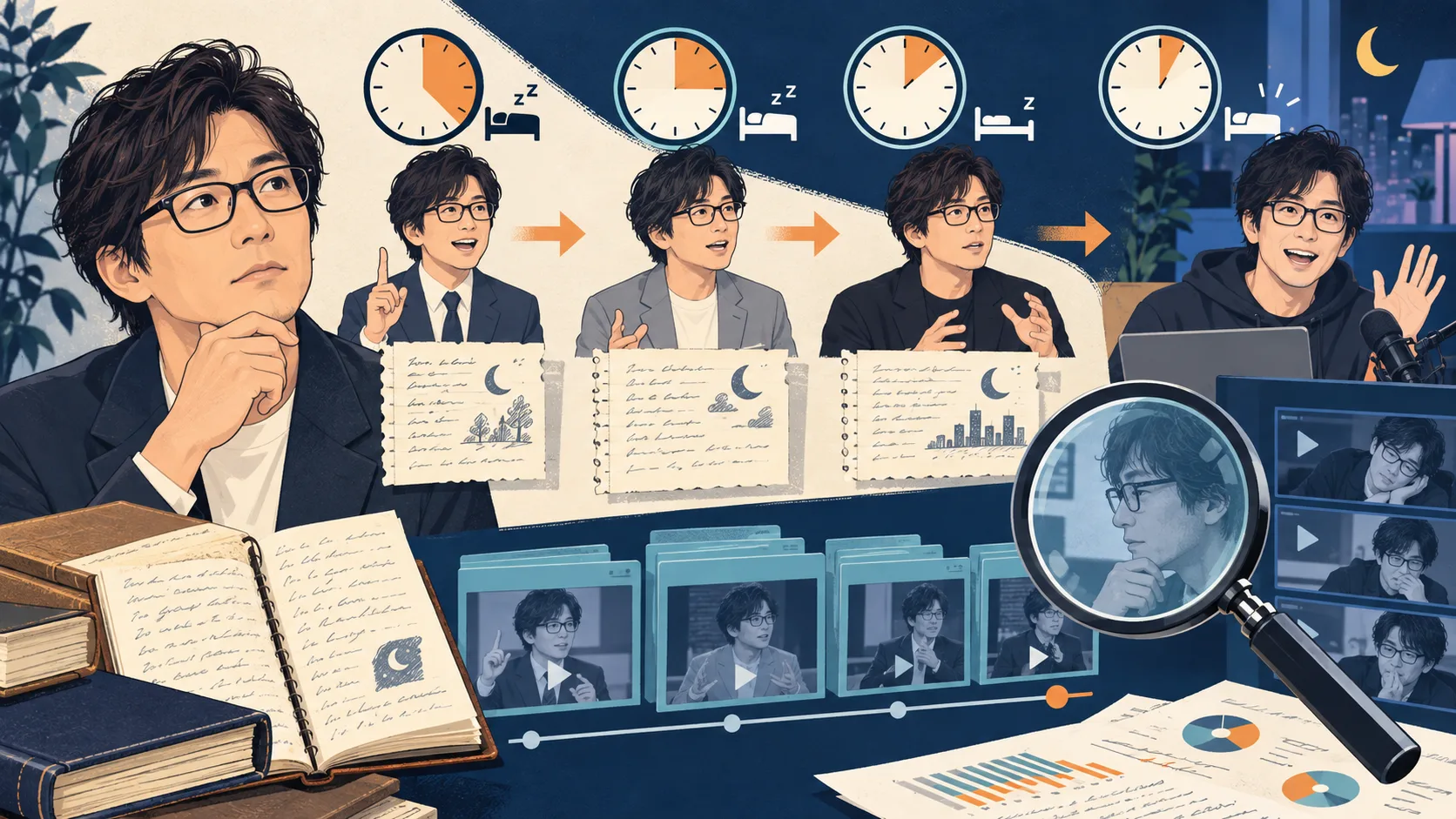 堀大輔さんをイメージした人物と過去から現在の睡眠時間を追うタイムラインのイラスト