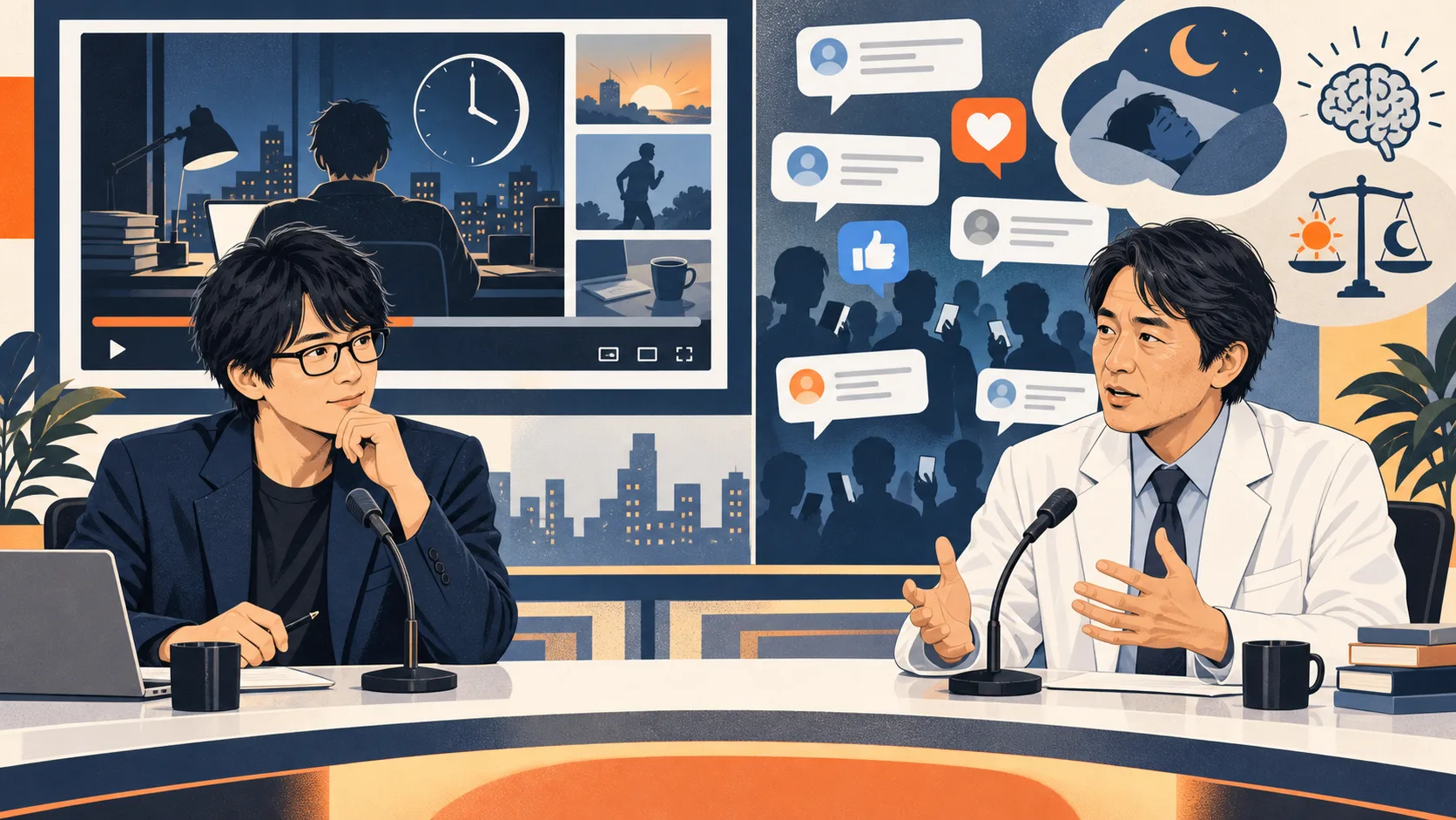 堀大輔さんと医師をイメージした人物が対談しSNS反応が広がる様子のイラスト