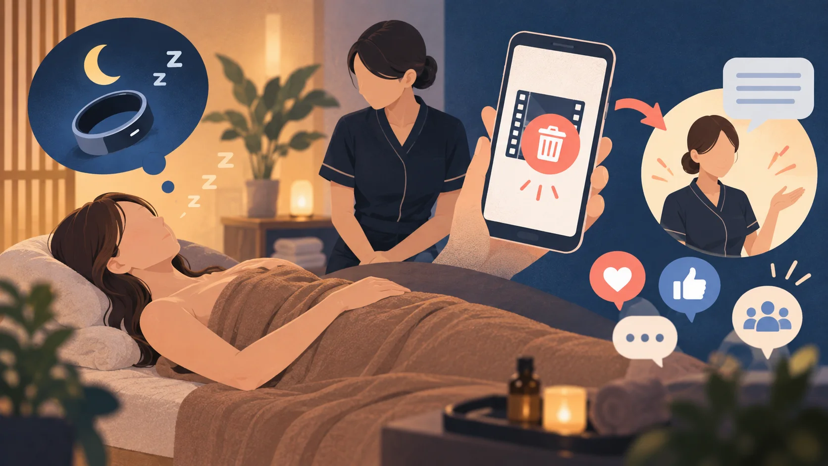 美容整体中の眠気と動画削除、睡眠表現の違いを表すオリジナルイラスト