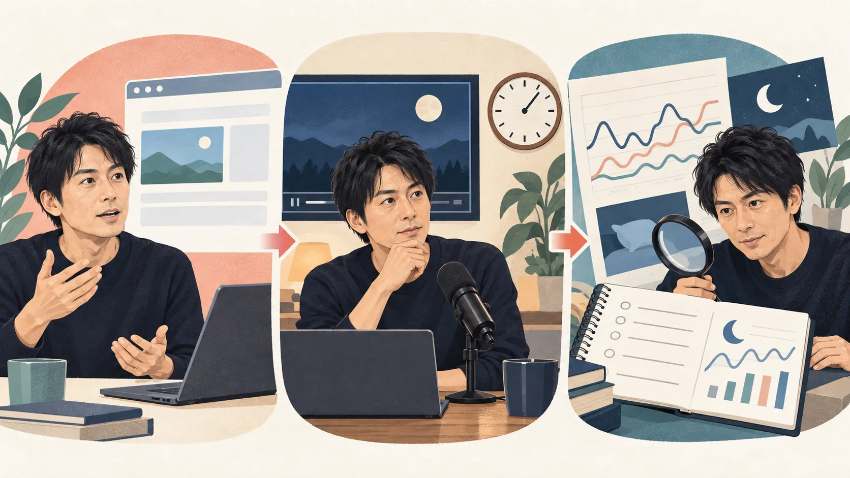 本人の発信、生配信、研究情報を分けて確認するイメージ